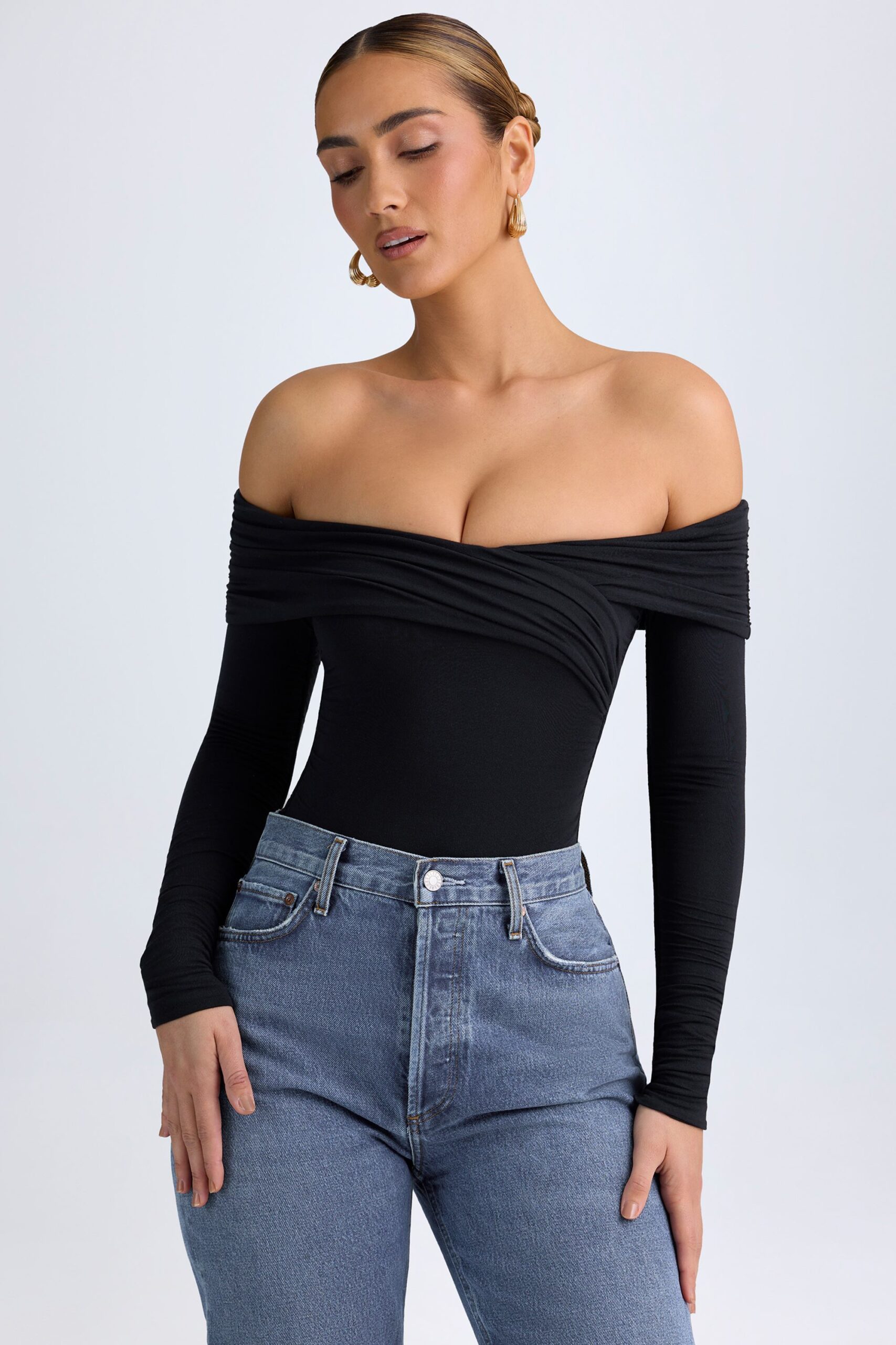 Modal Off-Shoulder Ruched Bodysuit in Black - Image 5
