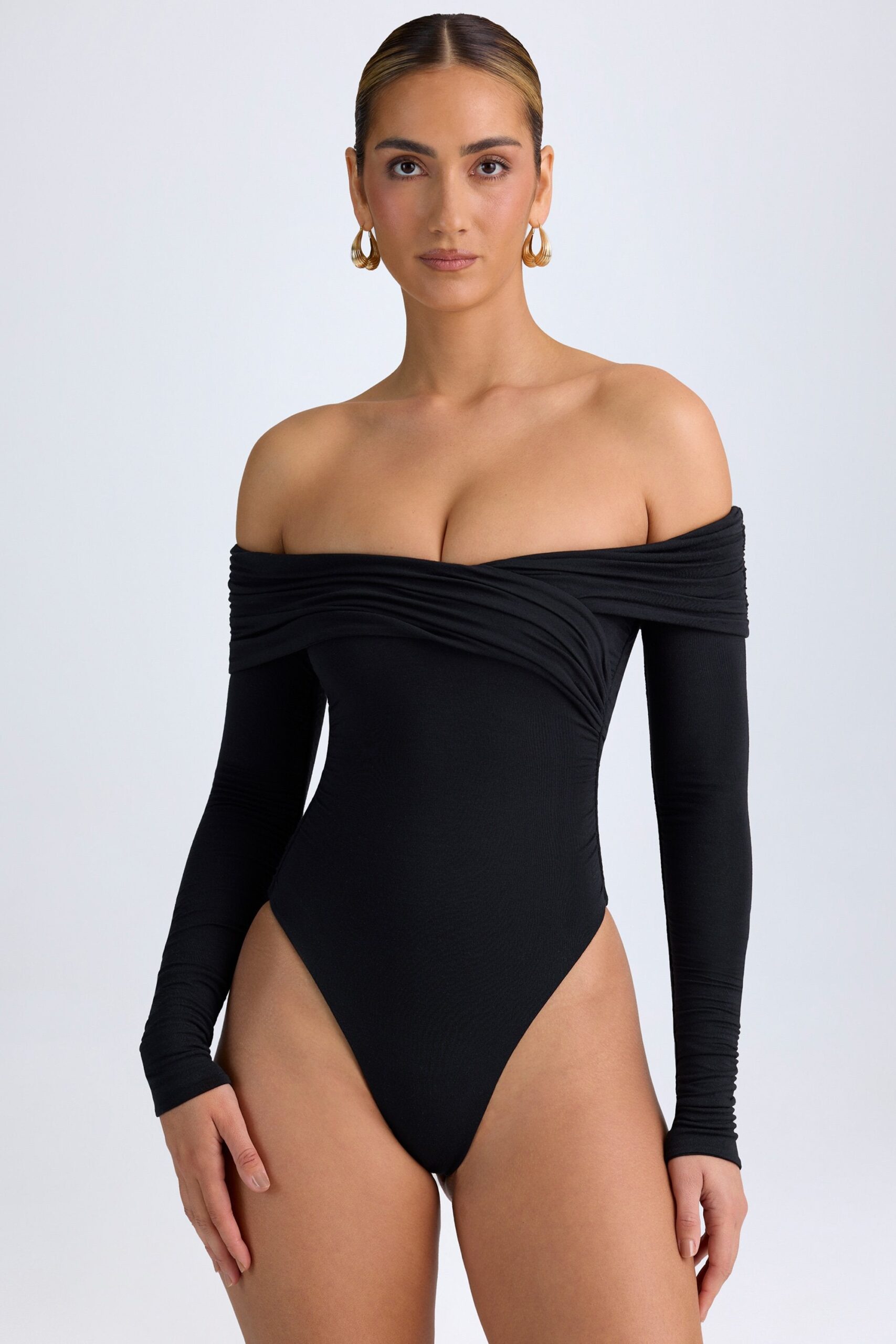 Modal Off-Shoulder Ruched Bodysuit in Black - Image 6