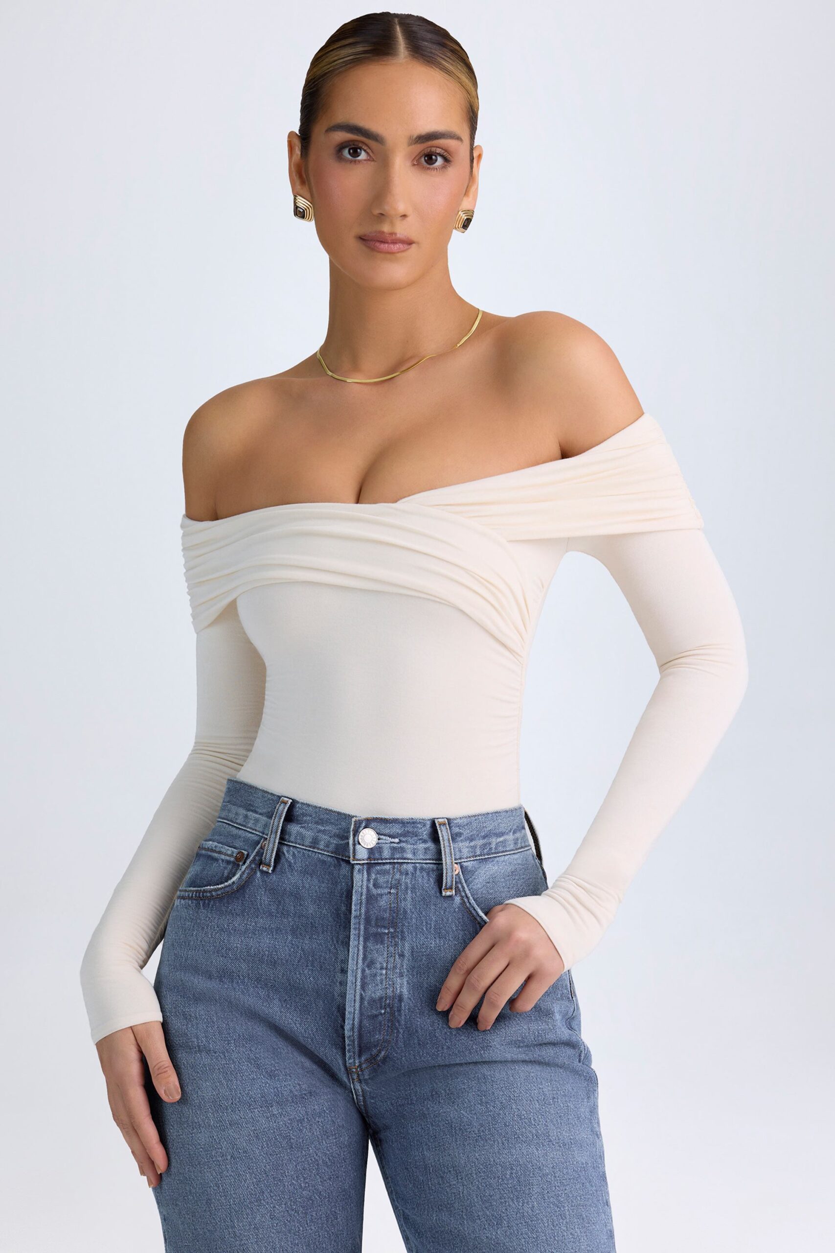 Modal Off-Shoulder Ruched Bodysuit in Ivory - Image 5