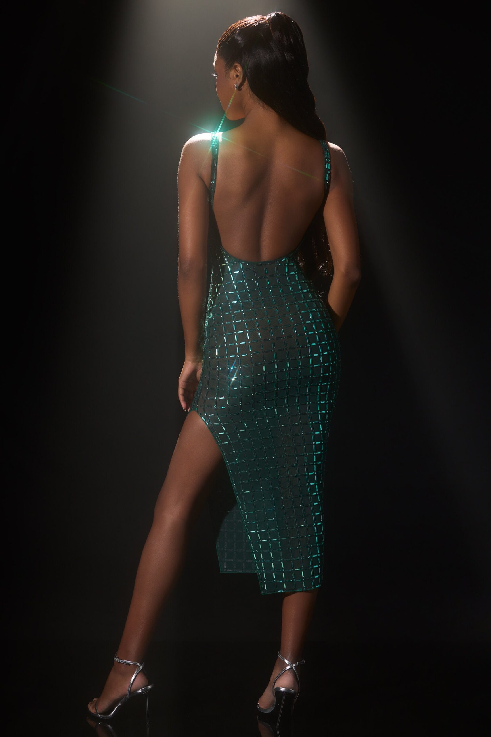 Embellished Open-Back Midaxi Dress in Emerald Green - Image 2