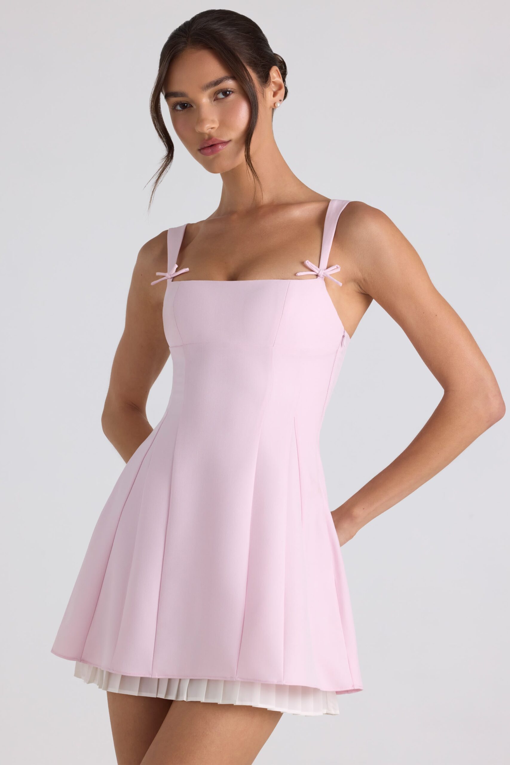 Bow-Detail Pleated A-Line Mini Dress in Soft Pink - Image 2