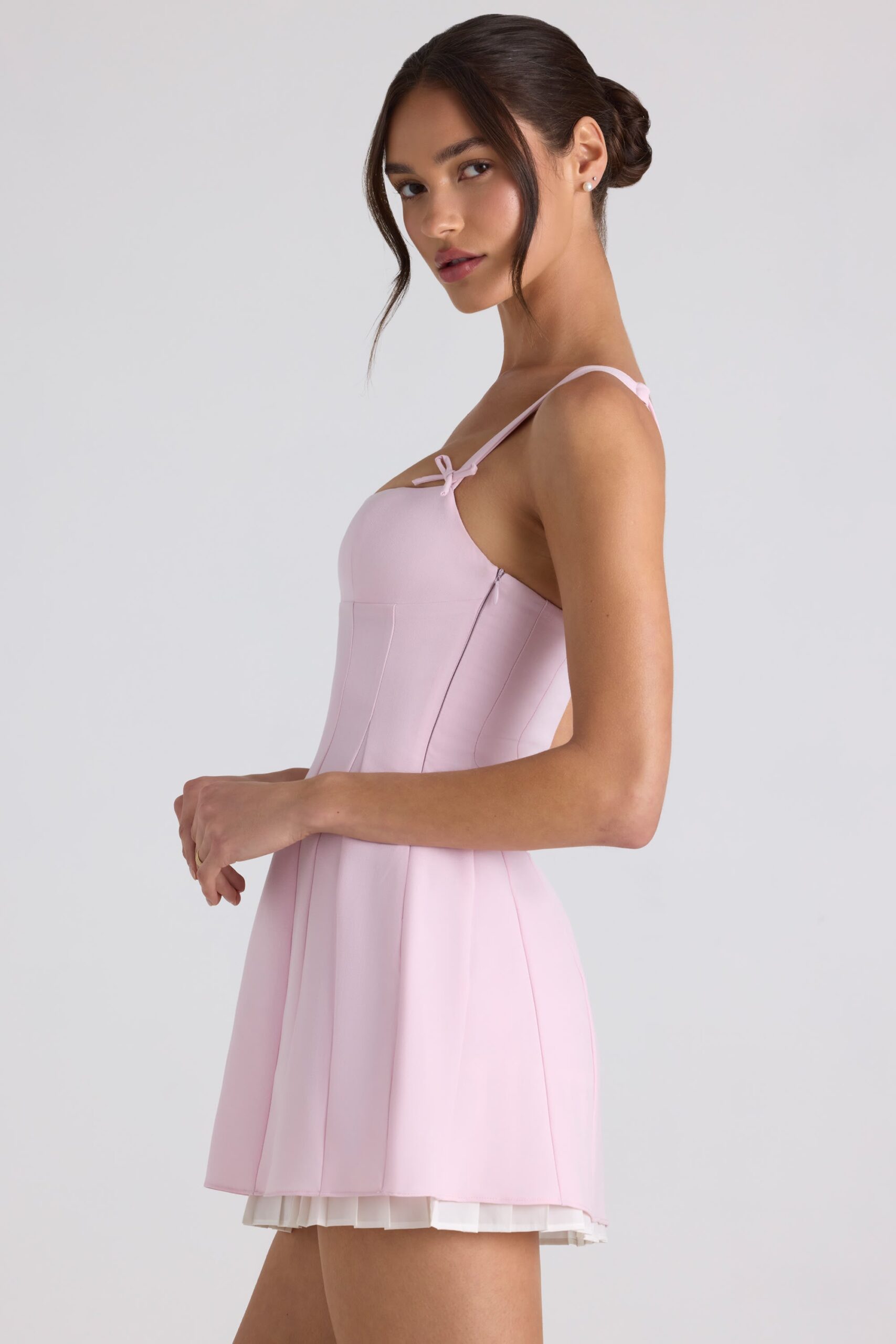 Bow-Detail Pleated A-Line Mini Dress in Soft Pink - Image 3