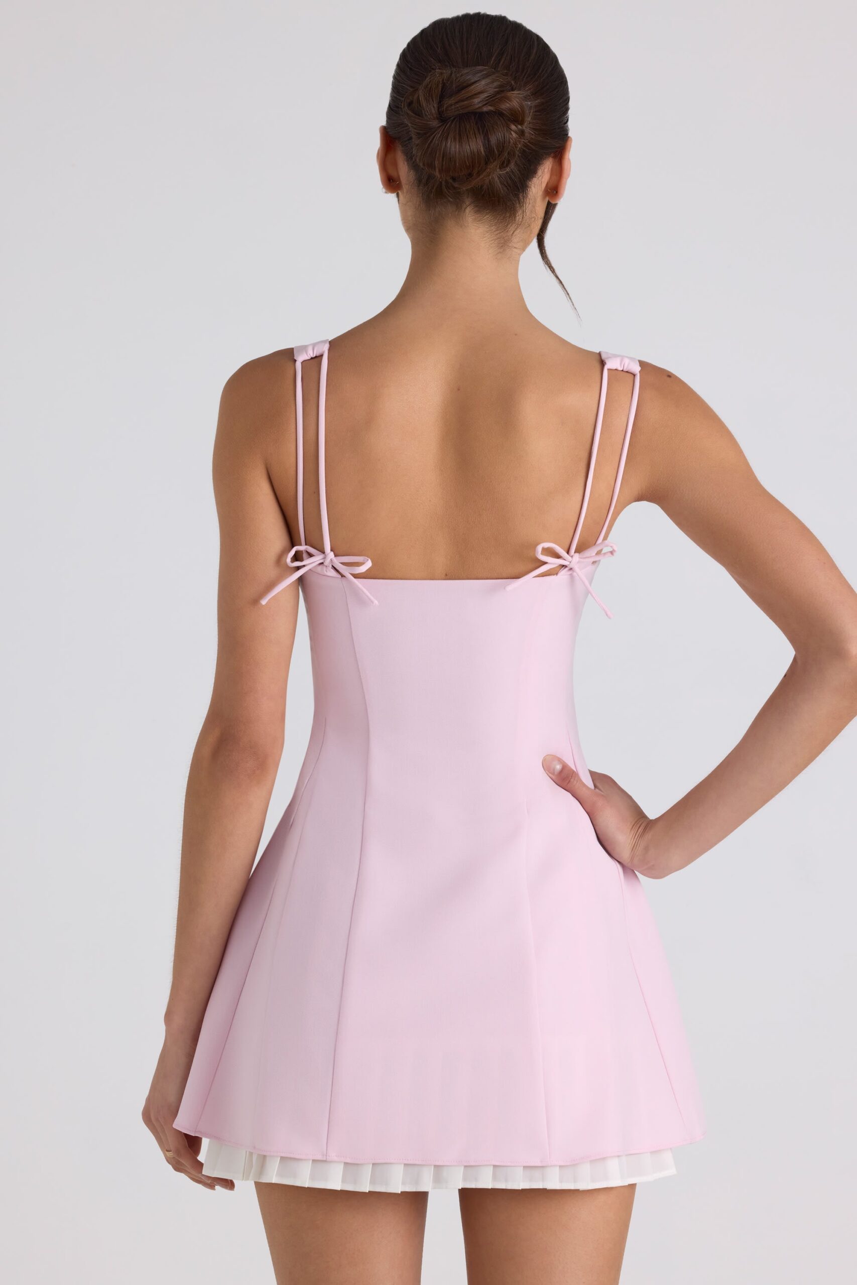 Bow-Detail Pleated A-Line Mini Dress in Soft Pink - Image 4