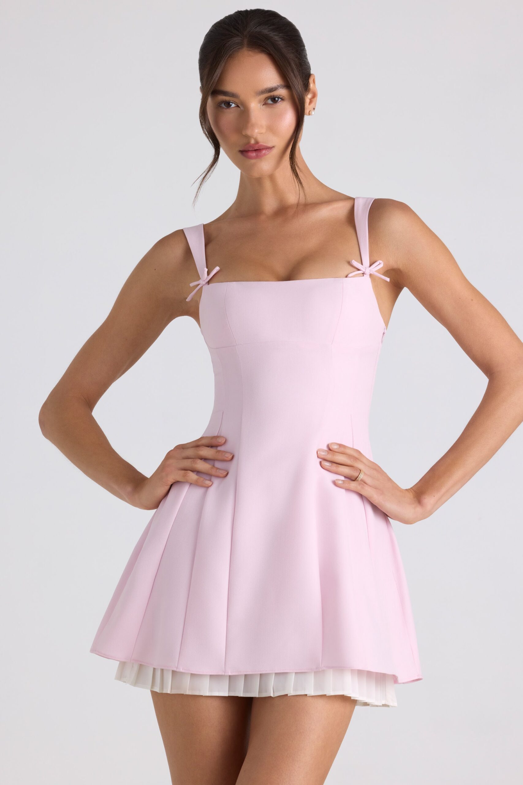 Bow-Detail Pleated A-Line Mini Dress in Soft Pink - Image 5