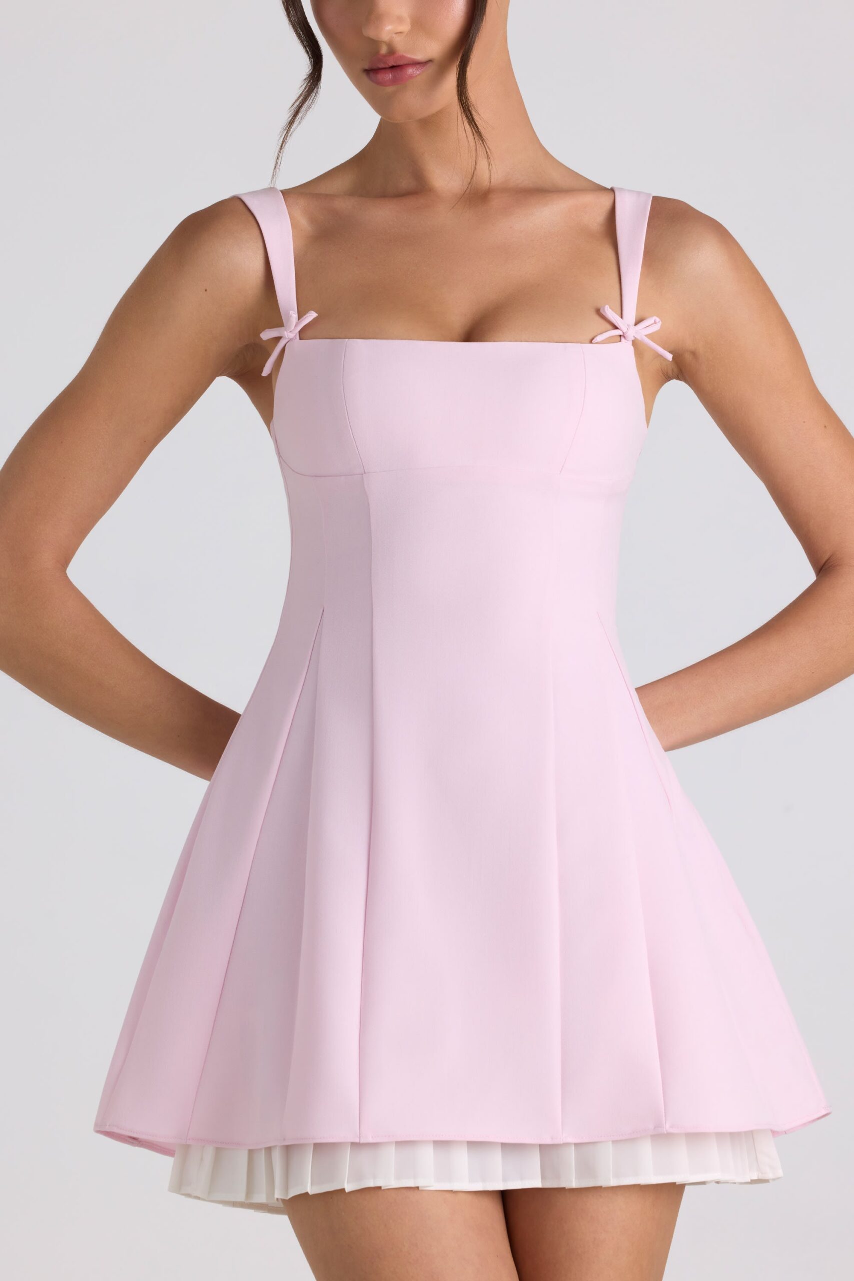 Bow-Detail Pleated A-Line Mini Dress in Soft Pink - Image 6