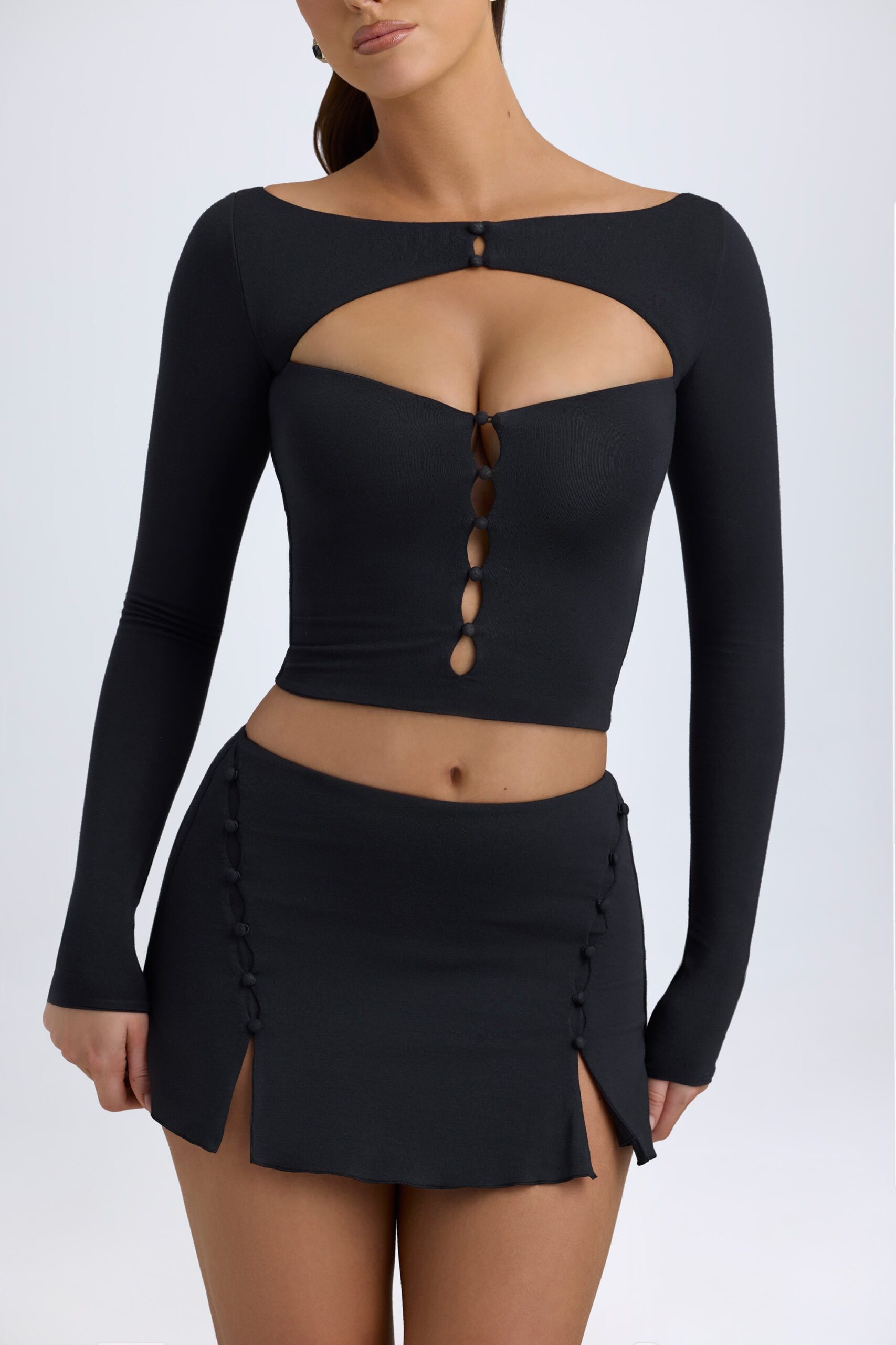 Modal Cut-Out Button-Detail Top in Black - Image 2