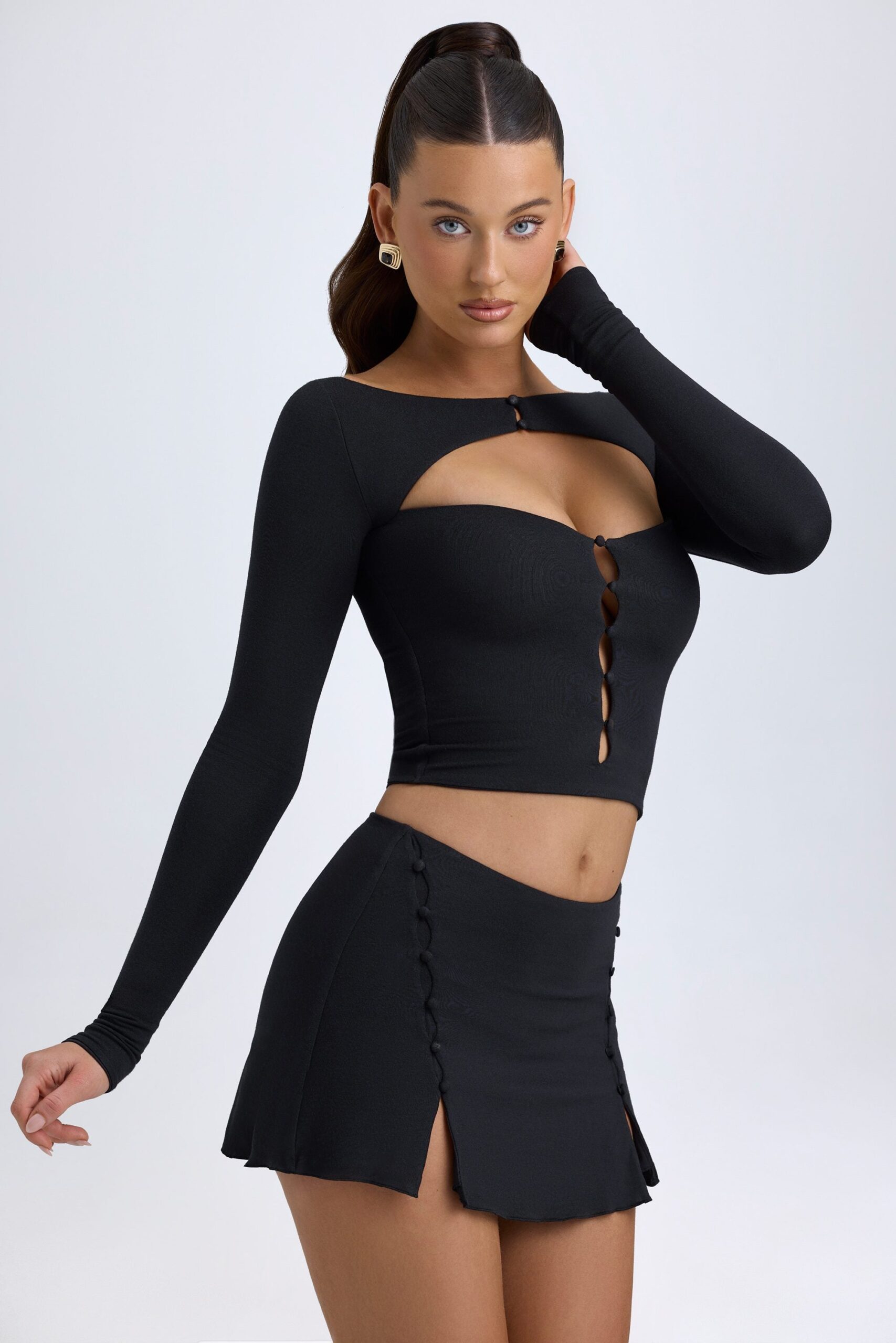 Modal Cut-Out Button-Detail Top in Black - Image 7