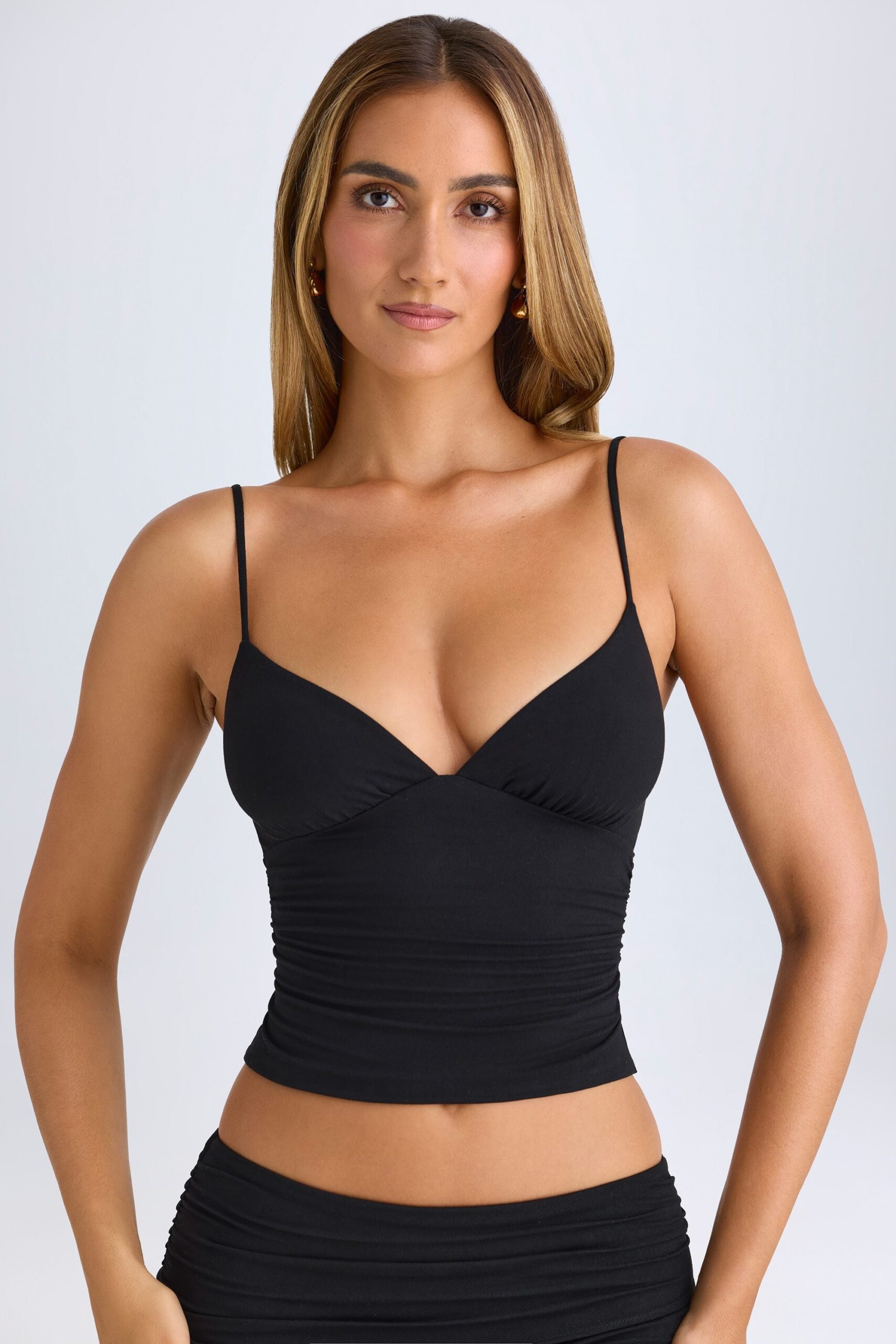Modal V-Neck Ruched Camisole Top in Black - Image 2