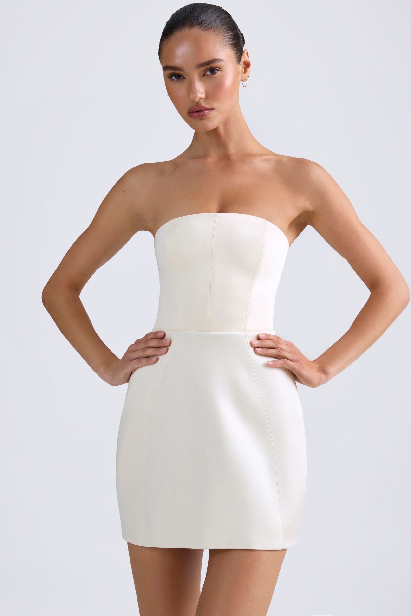 Bandeau Structured Tulip Mini Dress in Ivory - Image 2
