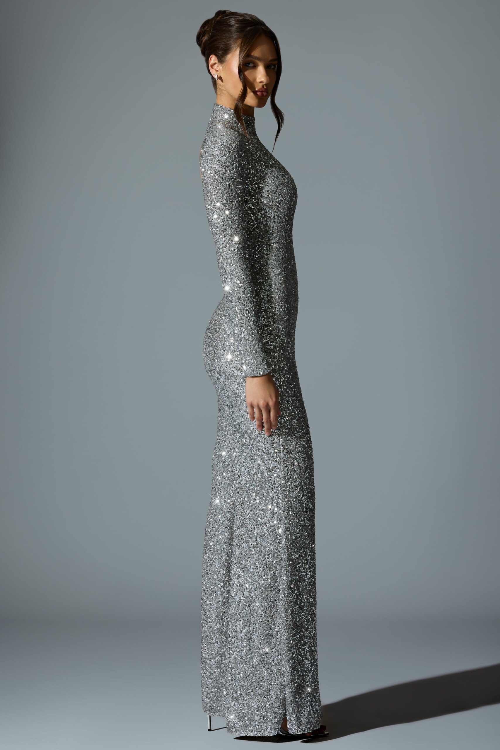 Embellished Open-Back Gown in Silver - Image 3