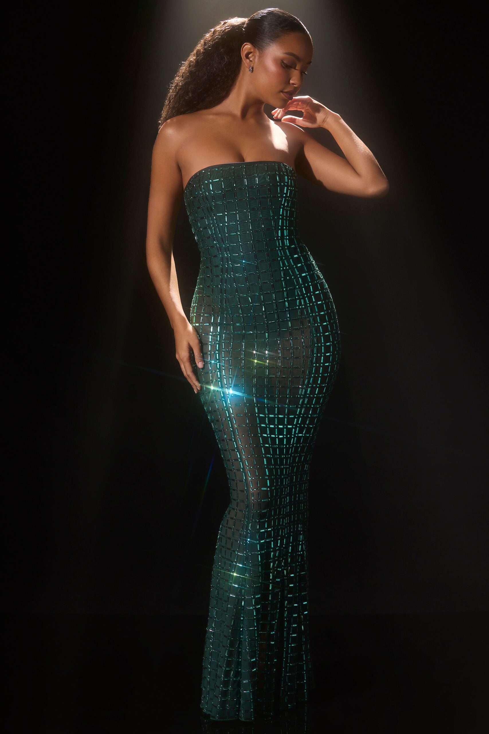 Embellished Strapless Gown in Emerald Green - Image 6