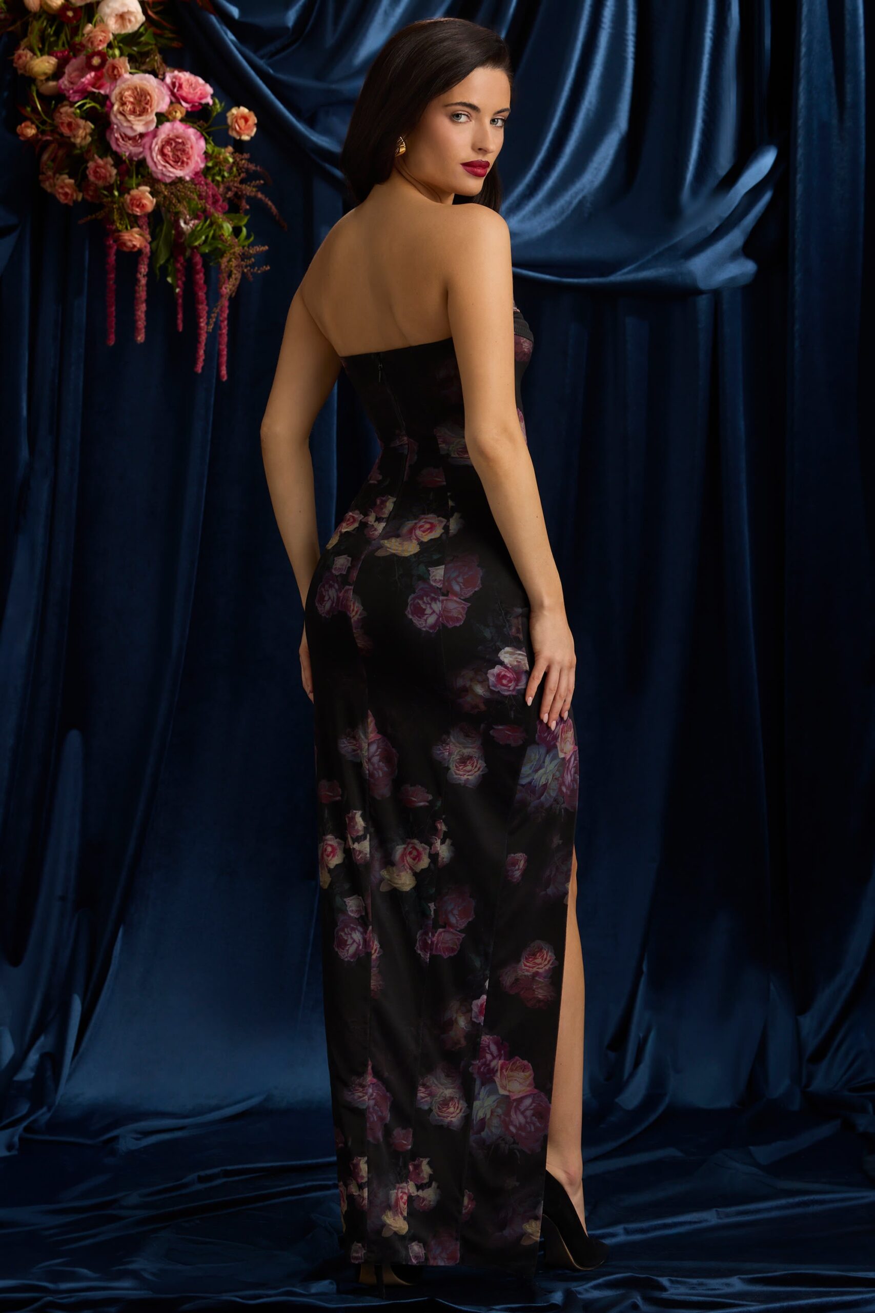 Bandeau Cowl-Neck Maxi Dress in Black Floral Print - Image 2
