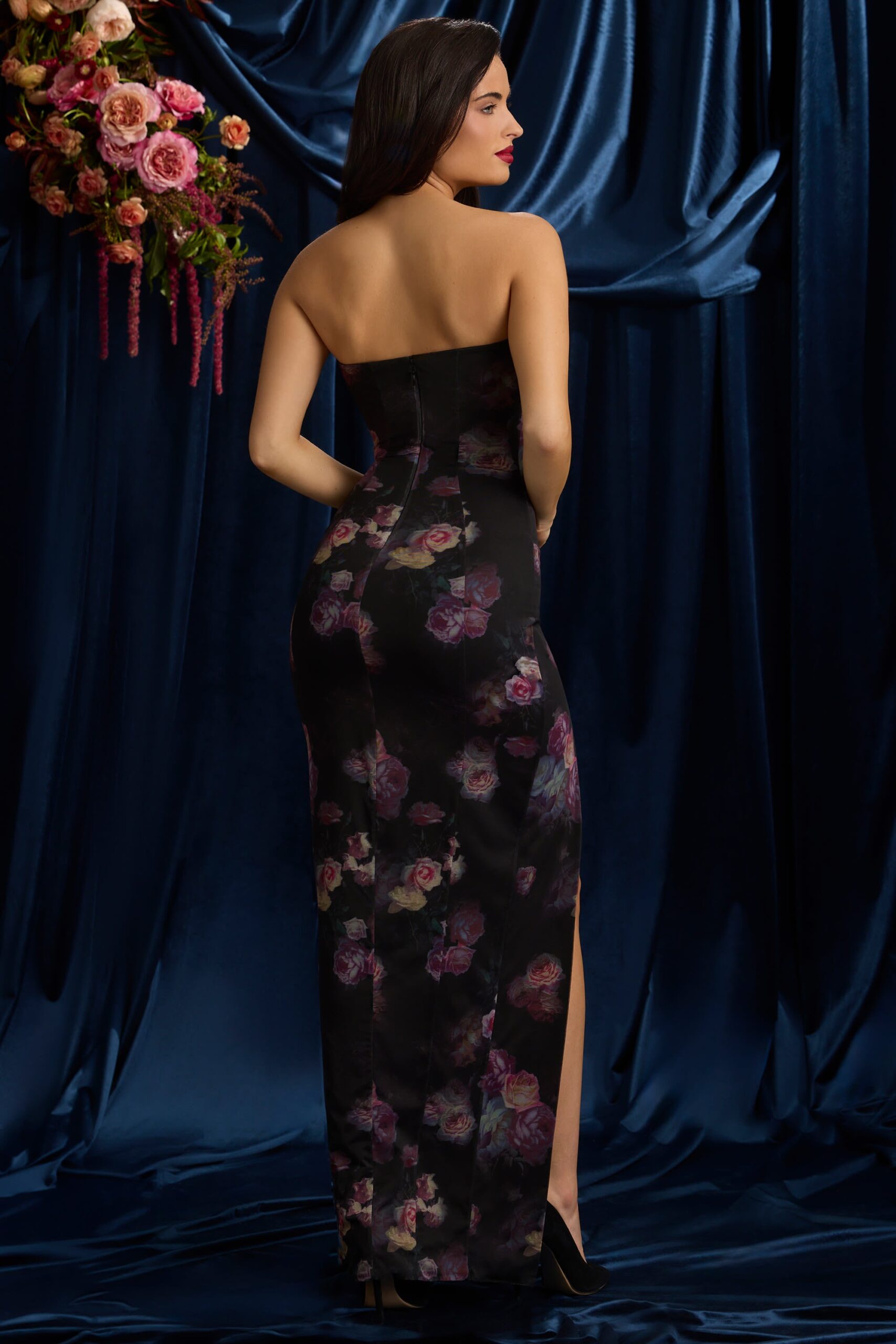 Bandeau Cowl-Neck Maxi Dress in Black Floral Print - Image 6