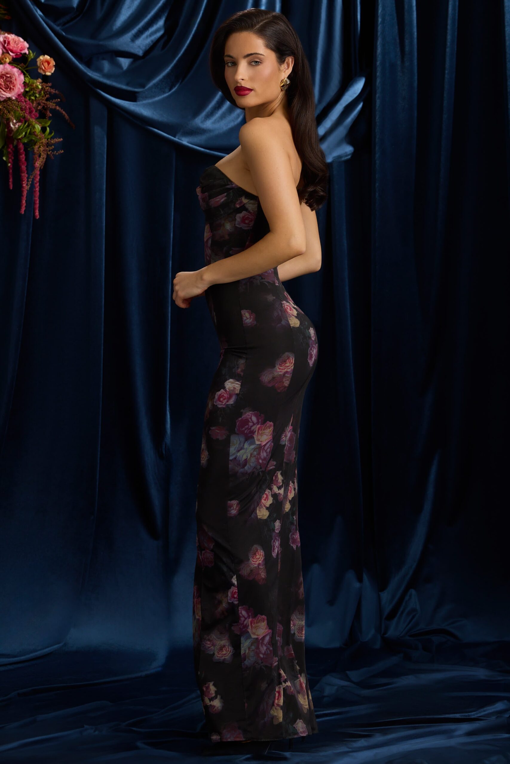 Bandeau Cowl-Neck Maxi Dress in Black Floral Print - Image 8