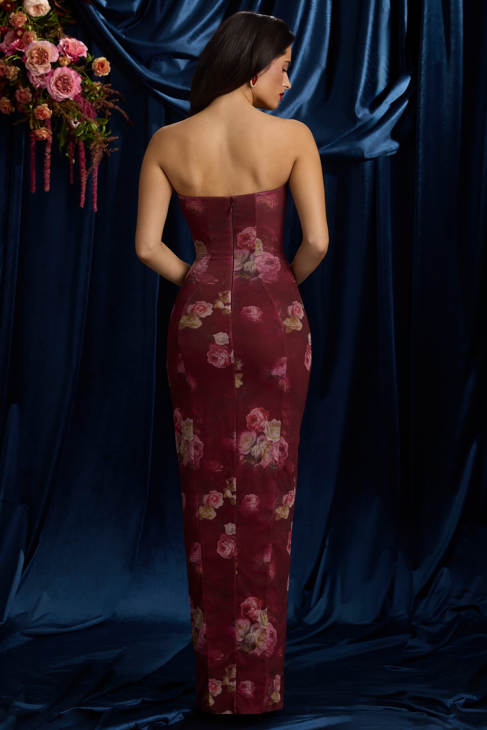 Bandeau Cowl-Neck Maxi Dress in Maroon Floral Print - Image 2