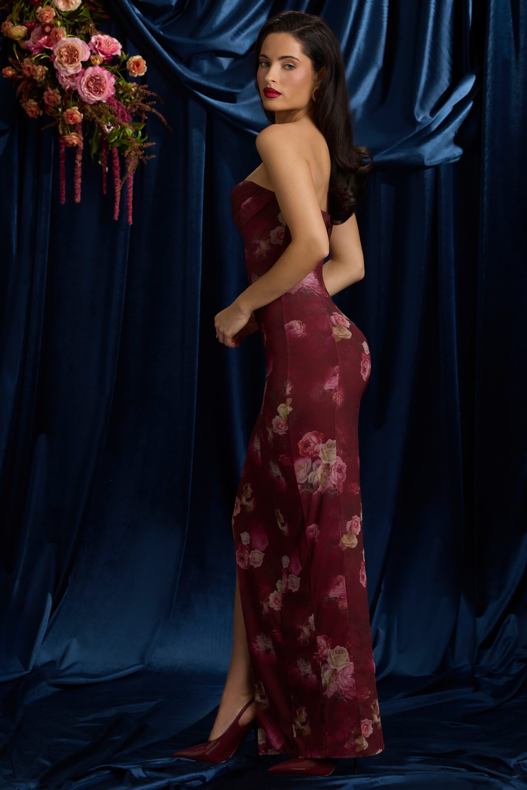 Bandeau Cowl-Neck Maxi Dress in Maroon Floral Print - Image 7