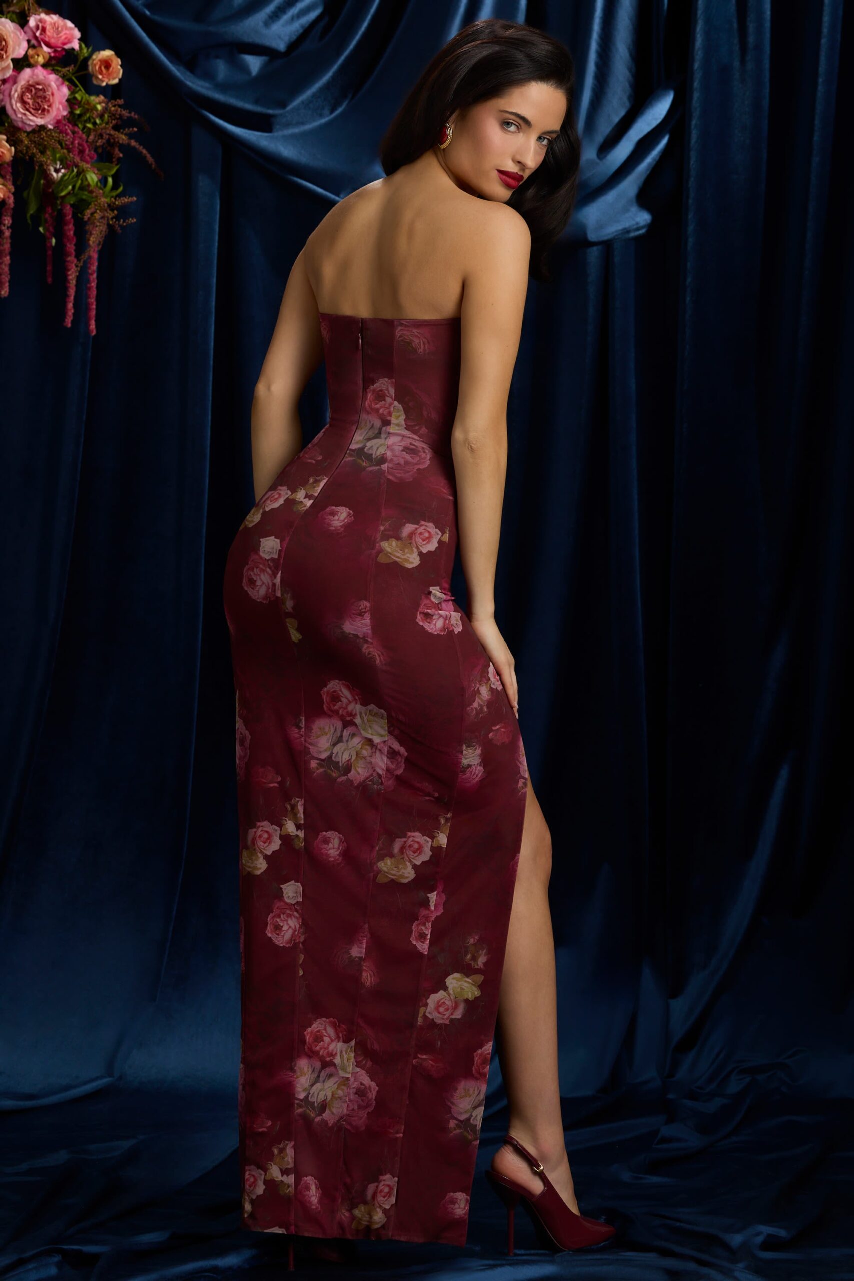 Bandeau Cowl-Neck Maxi Dress in Maroon Floral Print - Image 8